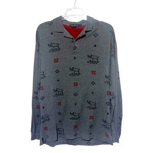 Vintage 90s Nautica Moose Graphic Print Polo Shirt L Long Sleeves AOP Nordic